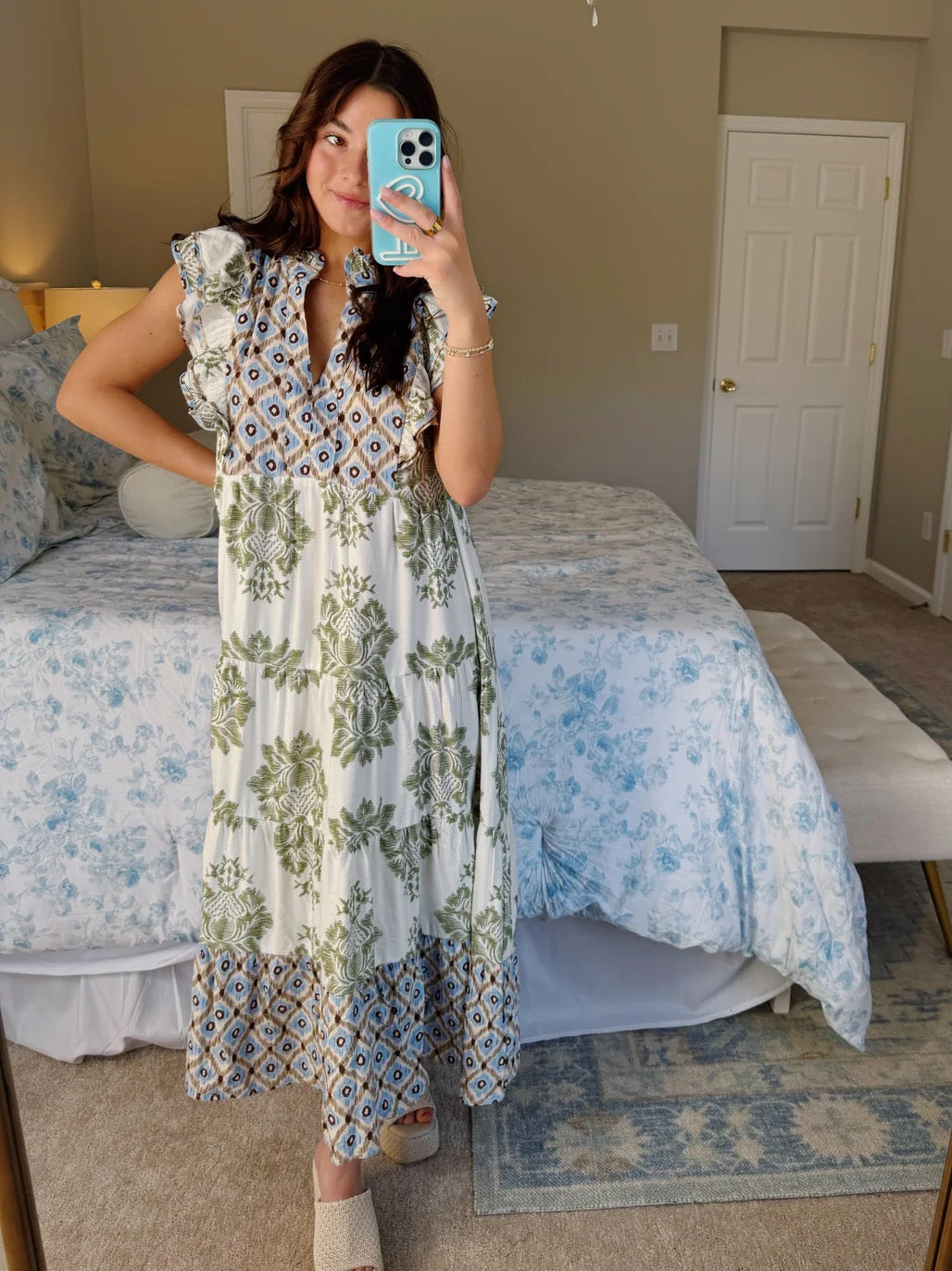 Robe mi-longue décontractée à manches à volants imprimée pour femme (2 achetées, livraison gratuite)