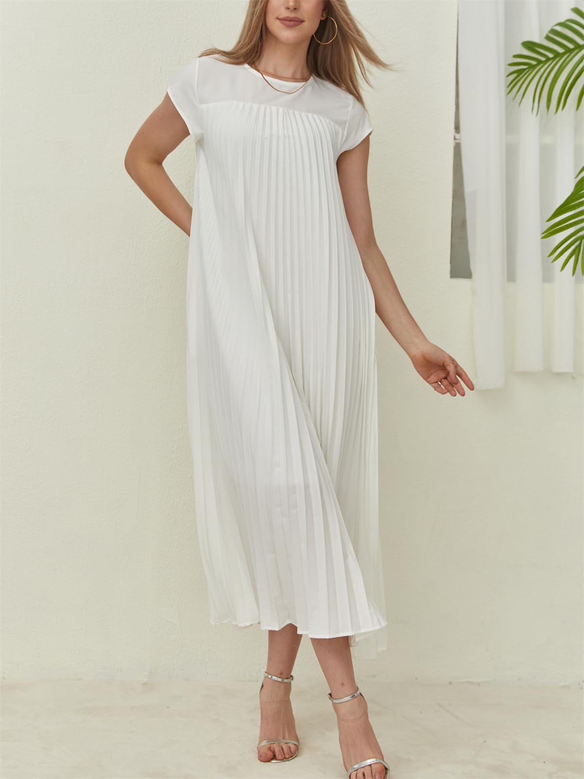 Robe longue plissée évasée à manches courtes pour femme (achetez-en 2, livraison gratuite)
