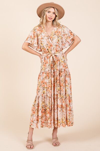 Robe étagée à manches volantées et taille nouée à imprimé floral Mittoshop