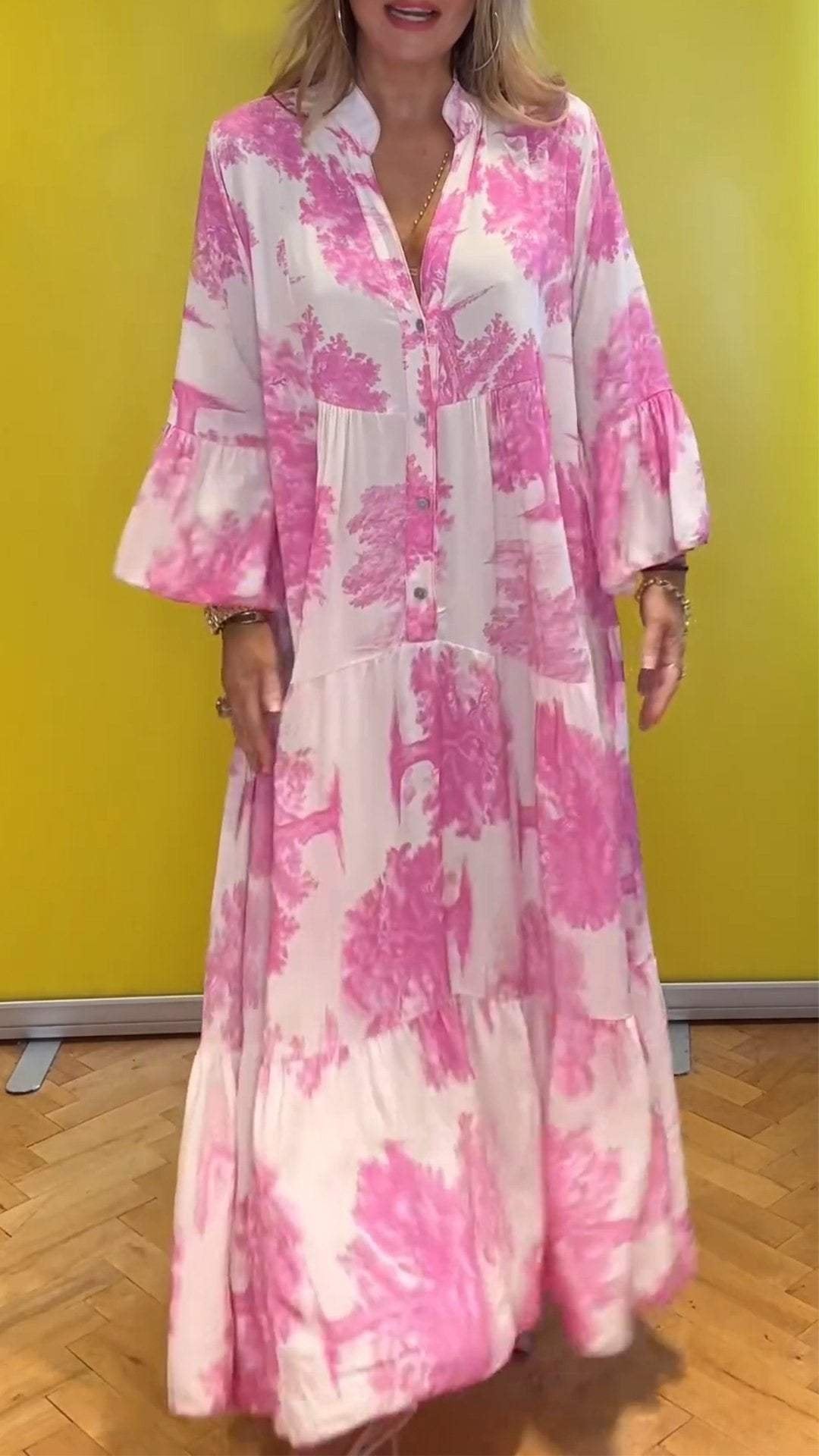 Damen-Sommerkleid mit V-Ausschnitt und Waldmuster Maxikleid