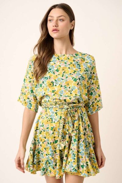 Mittoshop Robe courte à manches mi-longues, taille nouée et motif floral