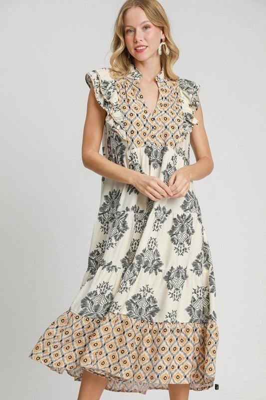 Robe mi-longue décontractée à manches à volants imprimée pour femme (2 achetées, livraison gratuite)