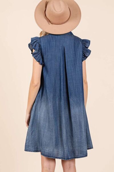 Robe Courte Boutonnée en Chambray Délavé à Volants Mittoshop