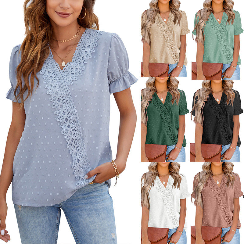 Chemise Chiffon Balle Dentelle Col V Manches Courtes