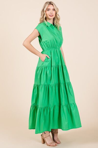 Mittoshop Button-Up Hemdkleid mit Kragen und Stufenrock in Maxilänge