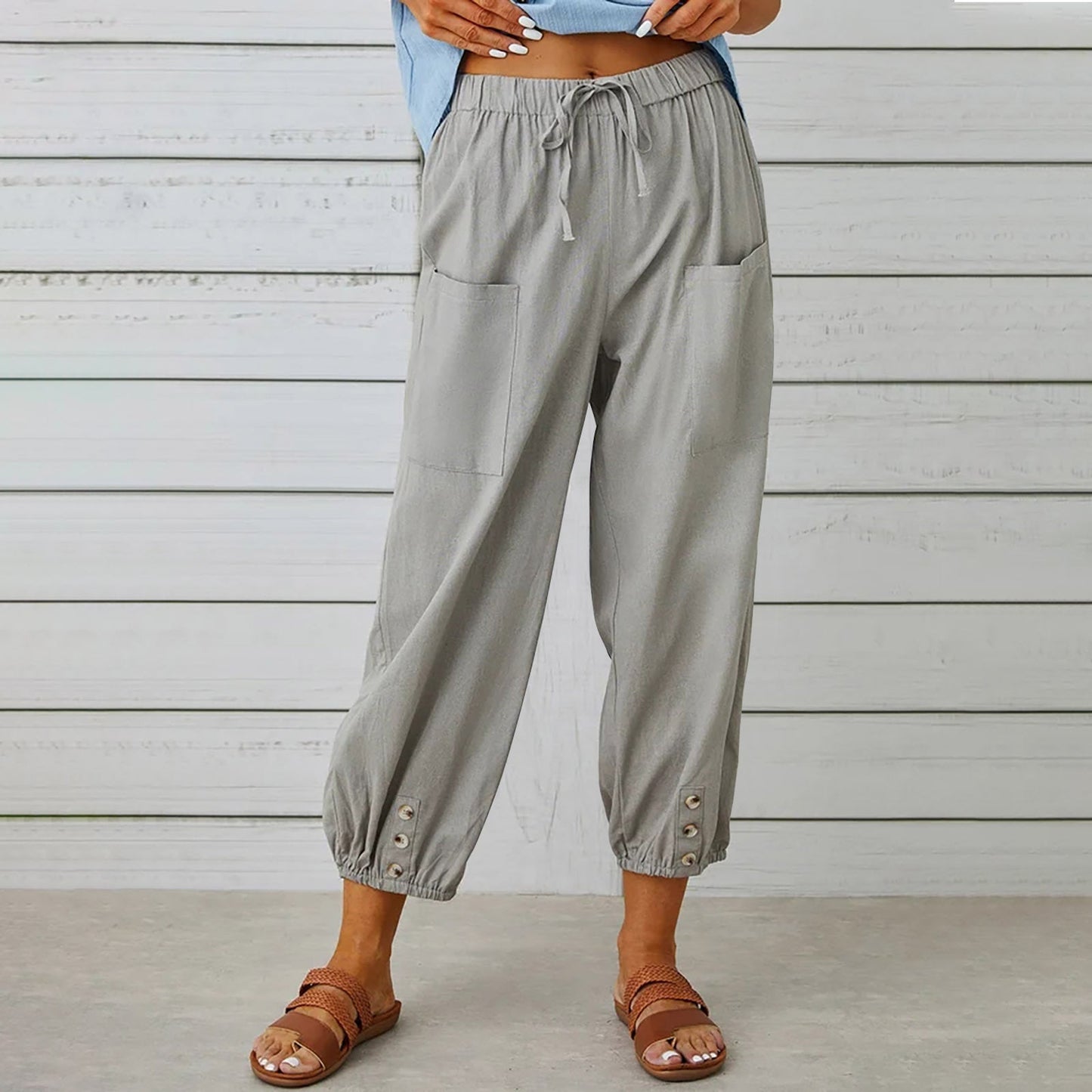 Damenhosen High-Waist-Hose mit Knopfleiste aus Baumwolle und Hanf Dreiviertelhose weites Bein