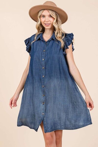 Robe Courte Boutonnée en Chambray Délavé à Volants Mittoshop