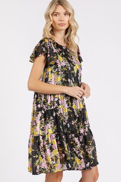 Robe étagée à col rond et manches courtes évasées, imprimé floral Mittoshop