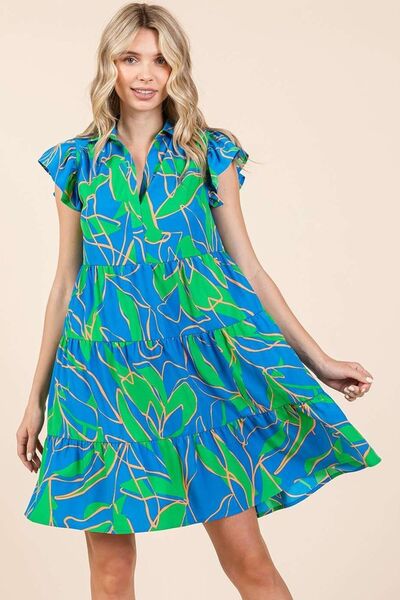 Mittoshop Minikleid mit Blätterdruck, Volantärmeln und Stufenrock
