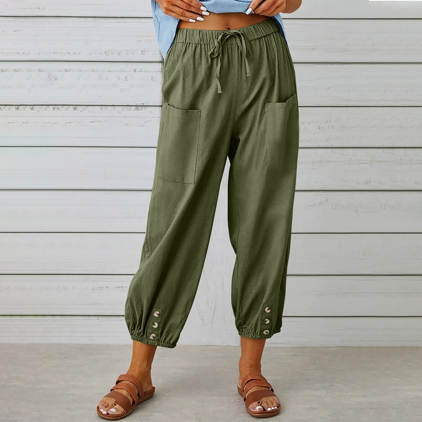Damenhosen High-Waist-Hose mit Knopfleiste aus Baumwolle und Hanf Dreiviertelhose weites Bein