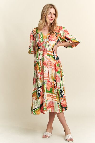 Robe midi ADORA à encolure en V et manches bouffantes à motif floral