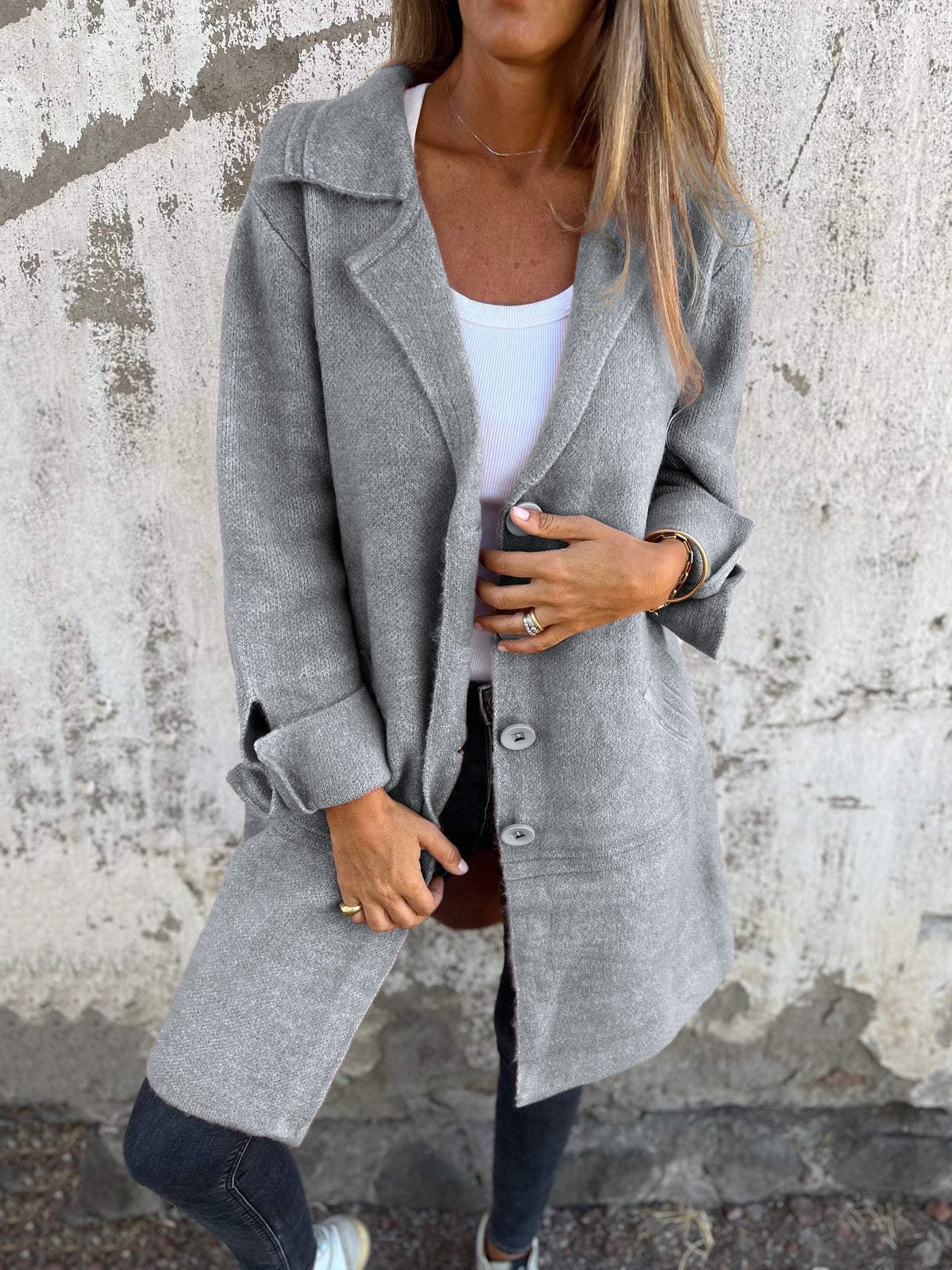 VENTE DE LIQUIDATION 🔥 Manteau long décontracté en laine à revers et simple boutonnage - 48 % DE RÉDUCTION