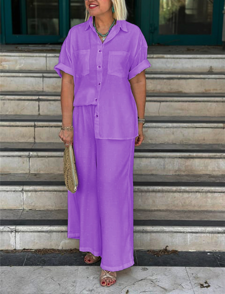 NOUVEAU🔥Ensemble chemise et pantalon large motif gaufré crème pour femme
