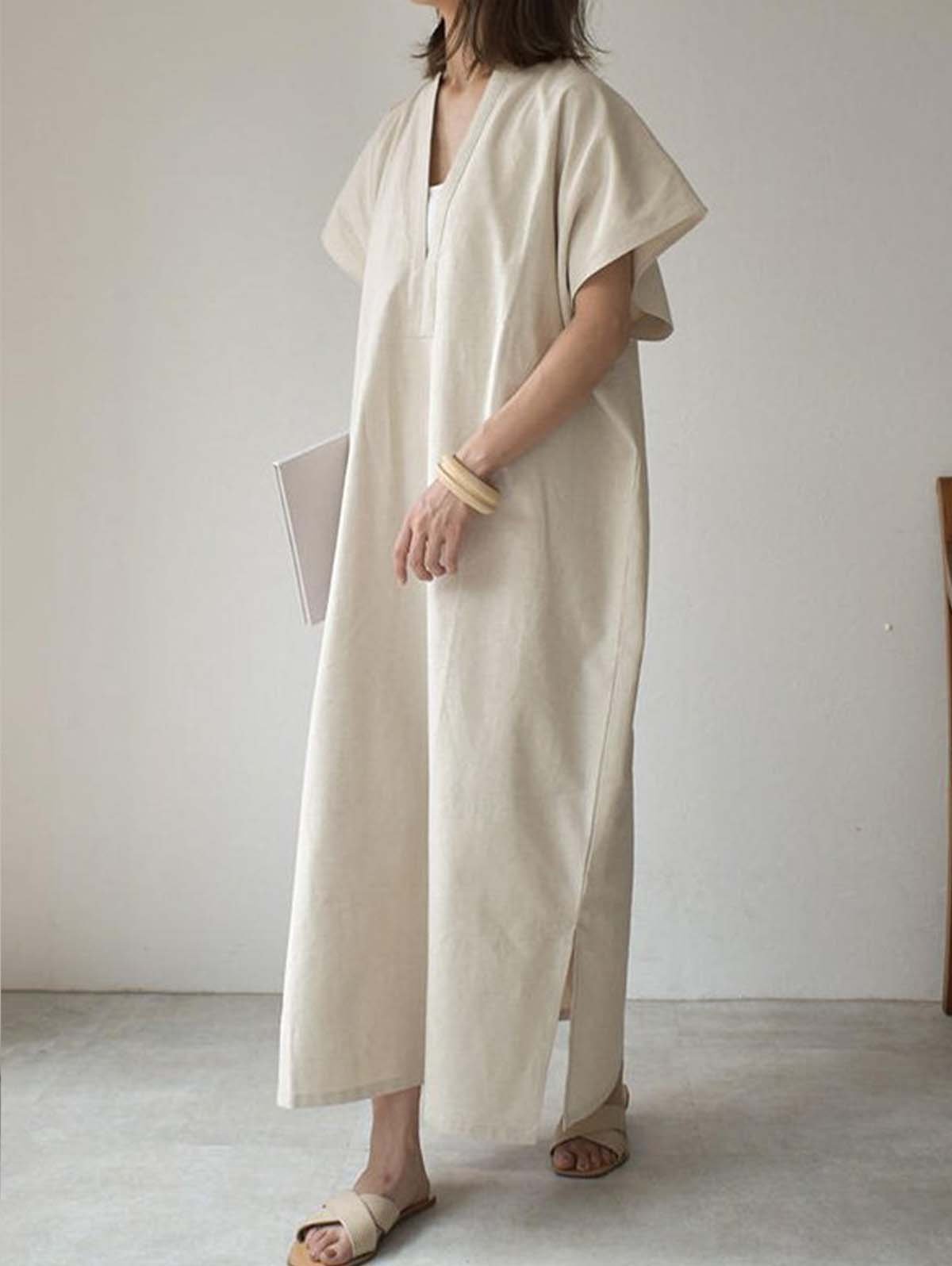 Robe longue fendue à manches chauve-souris, noire et beige, simple