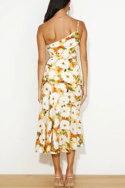 Robe midi asymétrique imprimée froncée
