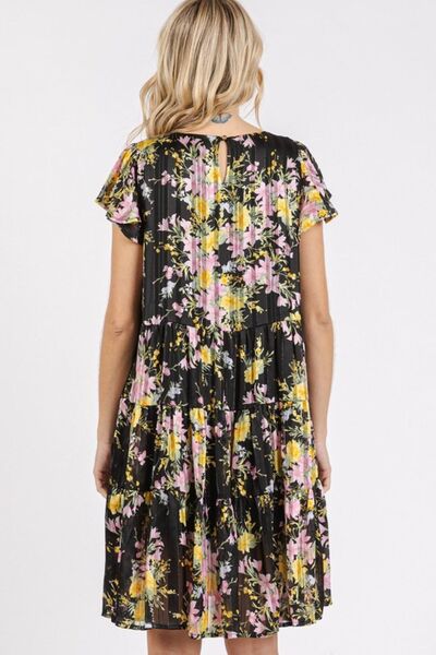 Robe étagée à col rond et manches courtes évasées, imprimé floral Mittoshop
