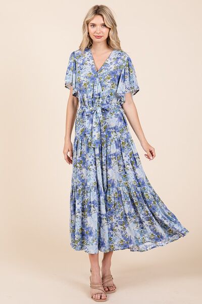 Robe étagée à manches courtes et taille nouée à motif floral Mittoshop