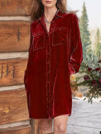 High-Low Hemd Langarm Knielanges Kleid
