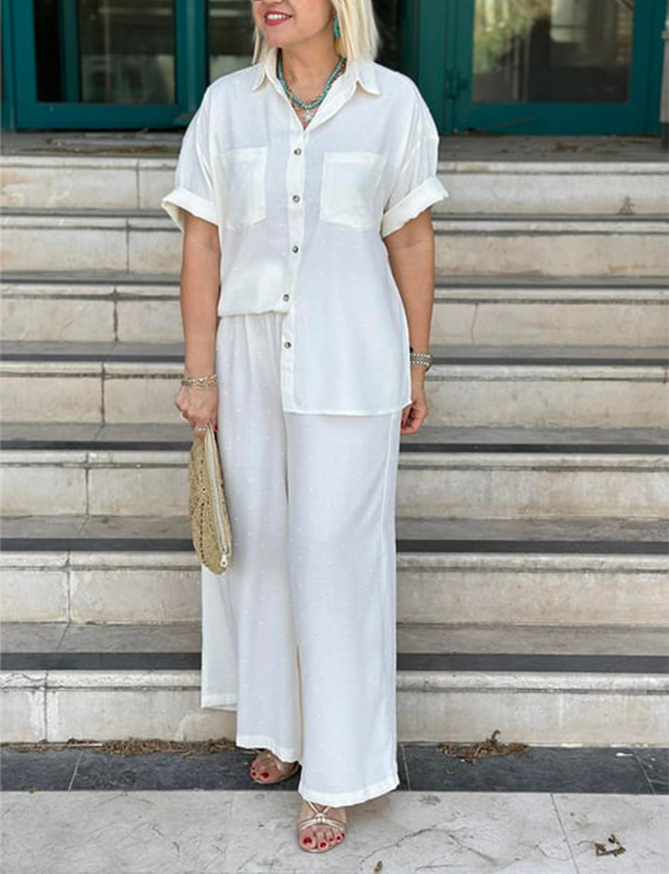NOUVEAU🔥Ensemble chemise et pantalon large motif gaufré crème pour femme