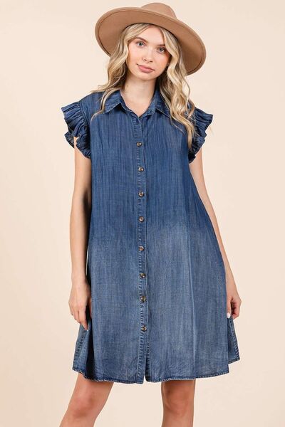 Robe Courte Boutonnée en Chambray Délavé à Volants Mittoshop