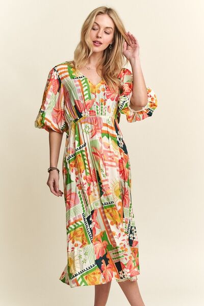 Robe midi ADORA à encolure en V et manches bouffantes à motif floral