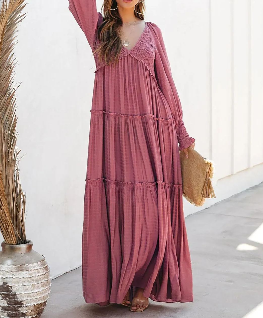 Damen Langarm V-Ausschnitt Boho Maxikleider im Flowy-Stil (2 kaufen, kostenloser Versand)