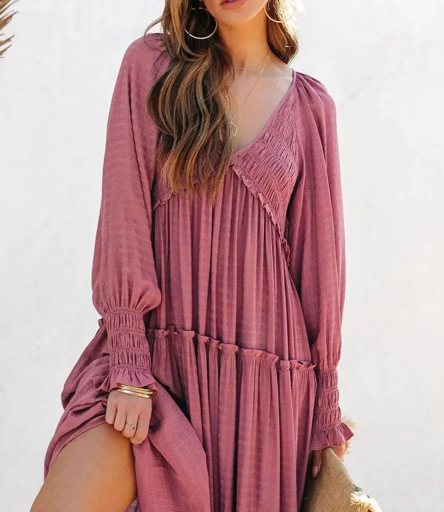 Damen Langarm V-Ausschnitt Boho Maxikleider im Flowy-Stil (2 kaufen, kostenloser Versand)