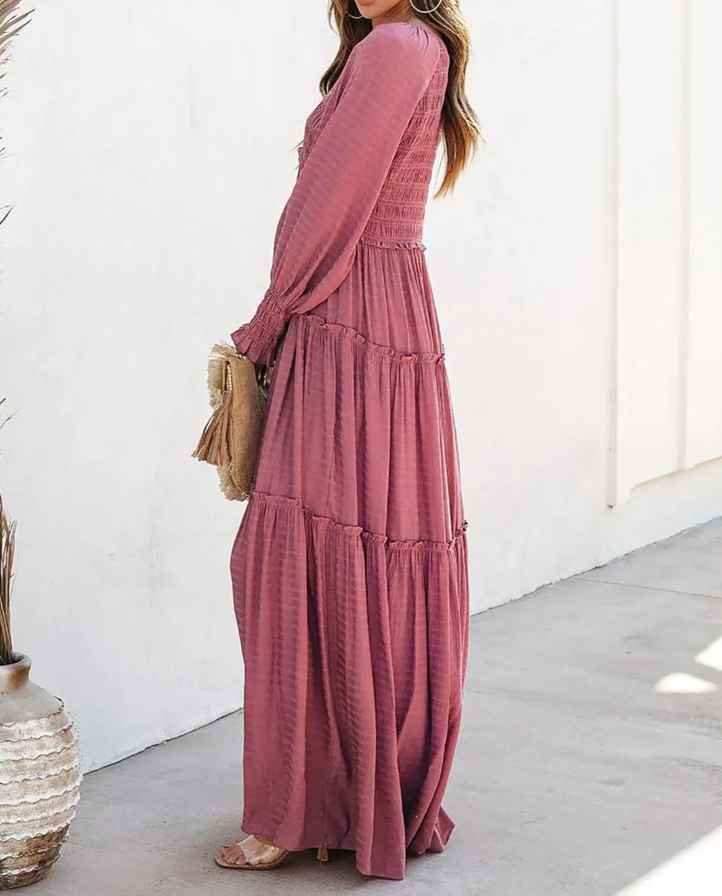 Damen Langarm V-Ausschnitt Boho Maxikleider im Flowy-Stil (2 kaufen, kostenloser Versand)