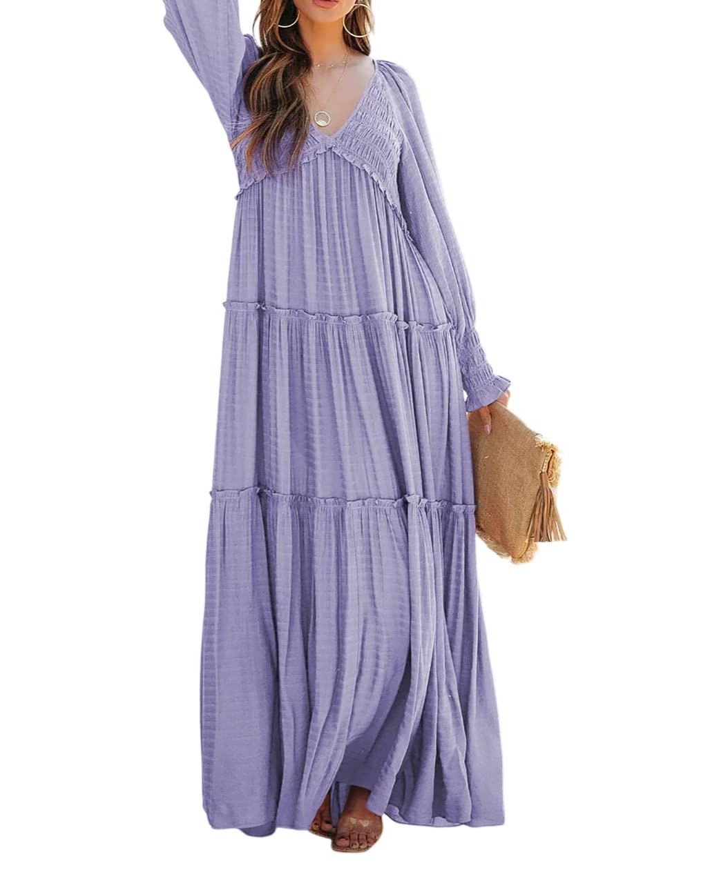 Damen Langarm V-Ausschnitt Boho Maxikleider im Flowy-Stil (2 kaufen, kostenloser Versand)