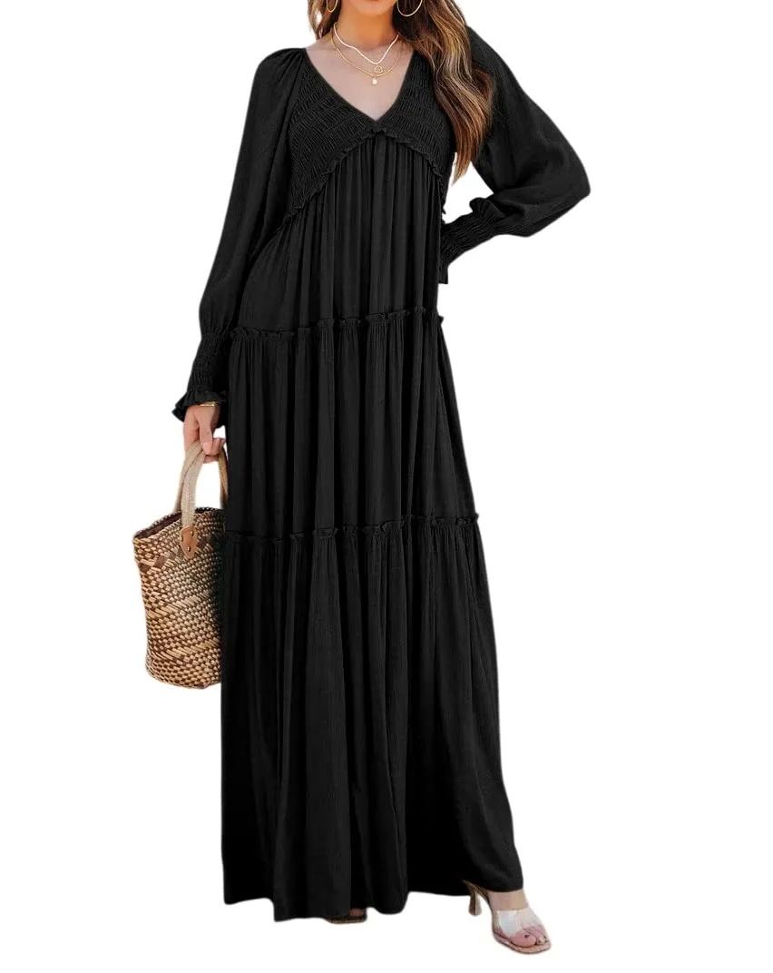 Damen Langarm V-Ausschnitt Boho Maxikleider im Flowy-Stil (2 kaufen, kostenloser Versand)